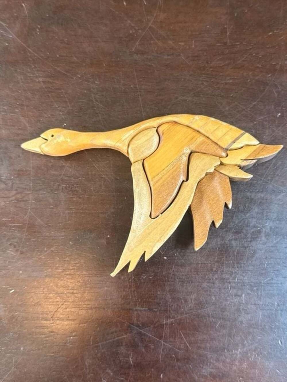 Vintage Handcrafted Wooden Intarsia Flying Canada Goose Magnet
